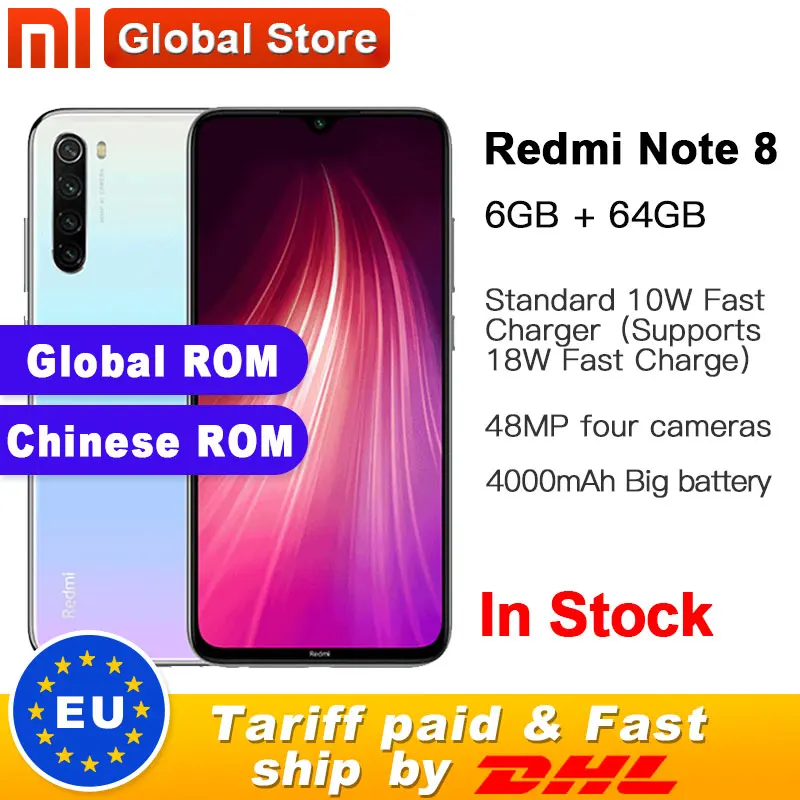 Смартфон Xiaomi Redmi Note 8 с глобальной ПЗУ, 64 ГБ, 6 ГБ, Восьмиядерный процессор Snapdragon 665, 6,3 дюйма, 48мп, четырехъядерный, тыловая камера, 4000 мАч