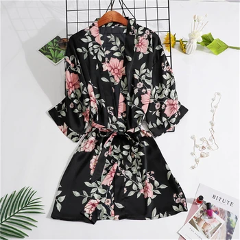 

Single robe kimono printed Nightgown women robe feminino Korean casual loose homewear summer black sexy bathrobe халатик 2020