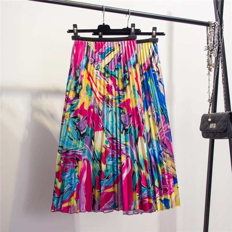 Women Skirts Fashion 2019 Contrast Pleated Skirt Women Elastic High Waist Autumn Winter Midi Skirts Womens A Line Long Skirt