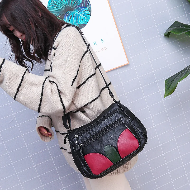 

Washed Leather Contrast Color One-Shoulder Square Sling Bag Soft Leather Casual Shoulder Bag 2018 Winter New Style WOMEN'S Bag L