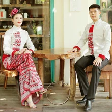 Осень Зима Этническая одежда толстый Чистый хлопок стоячий воротник с длинным рукавом Униформа серый красный Dai Уникальные Костюмы ресторанный сервис набор