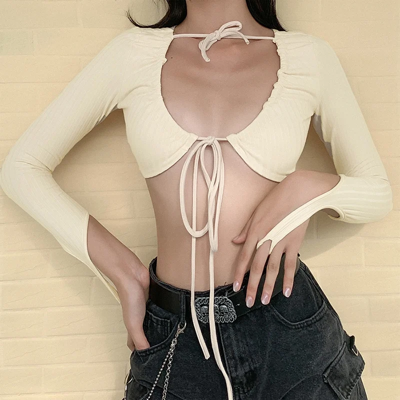 Fashion Ultrashort Female Shirt Long-Sleeve High Streetwear Sexy V-Neck Club Women Lace Up Crop Tops