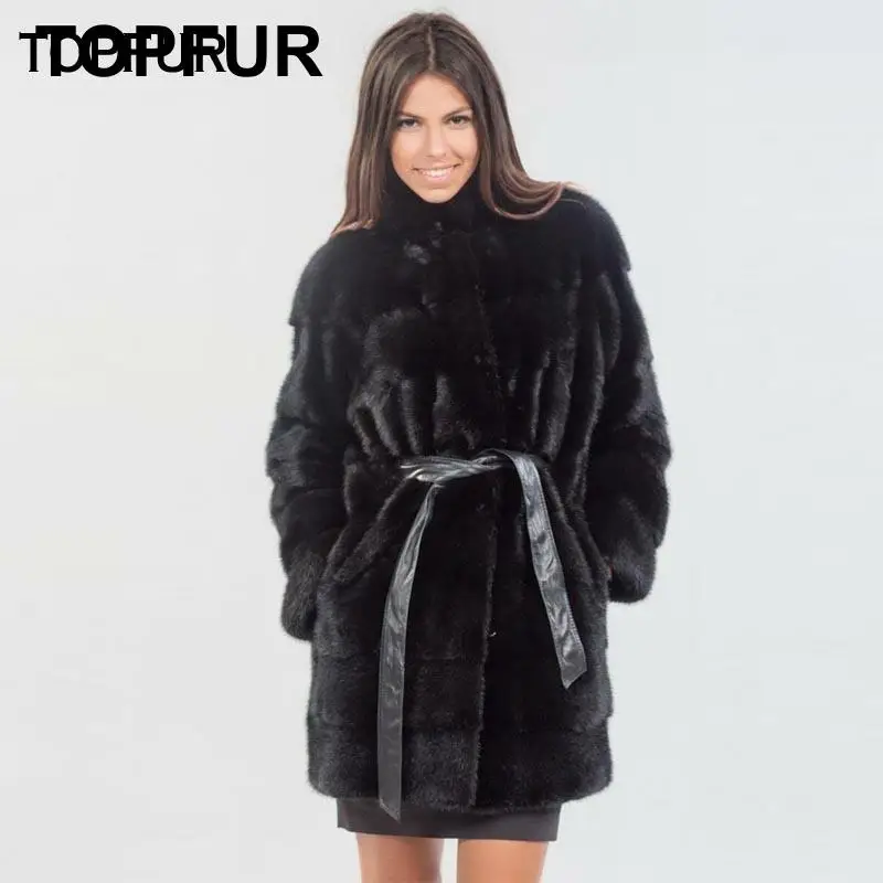 TOPFUR новинка 2019 настоящая норковая шуба женская черная средней длины с лентами