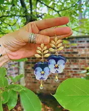  Purple/Dark Blue Pansies with Brass Leaf & Quartz Crystals,Botanical Jewelry, Birthday Gift for Mom, Flower Earrings Resin 