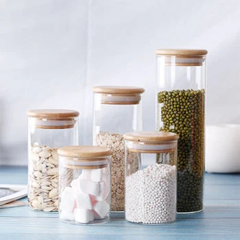 

1PCS Glass Food Storage Bottle Bamboo Cover Sealed Grains Nuts Tank Can Kitchen Sorting Food Storage Box Container