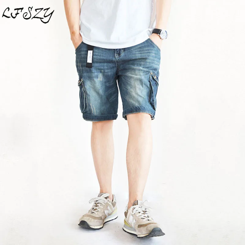 Летние мужские джинсовые брюки прямые шорты из пяти частей модные корейские многокарманные рабочие шорты джинсовые шорты размер 28-40 42