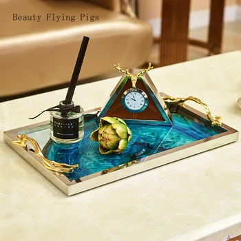 

Direct sales new light luxury plating metal glass storage tray blue agate stone pattern tray model coffee table storage tray