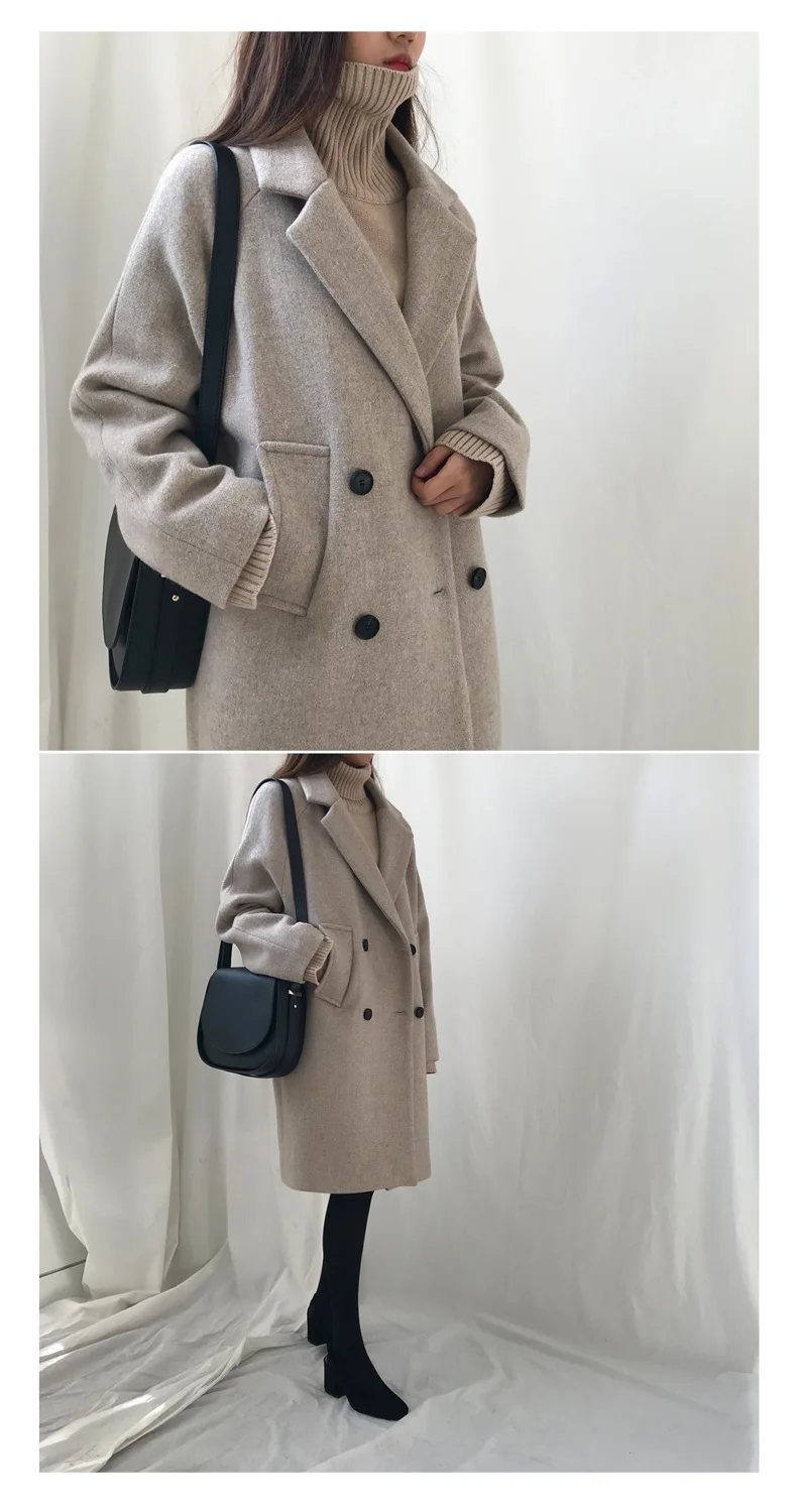 Новое приталенное Женское пальто, Осеннее и зимнее шерстяное пальто для отдыха, женское двубортное длинное пальто, большие размеры, S-XXL