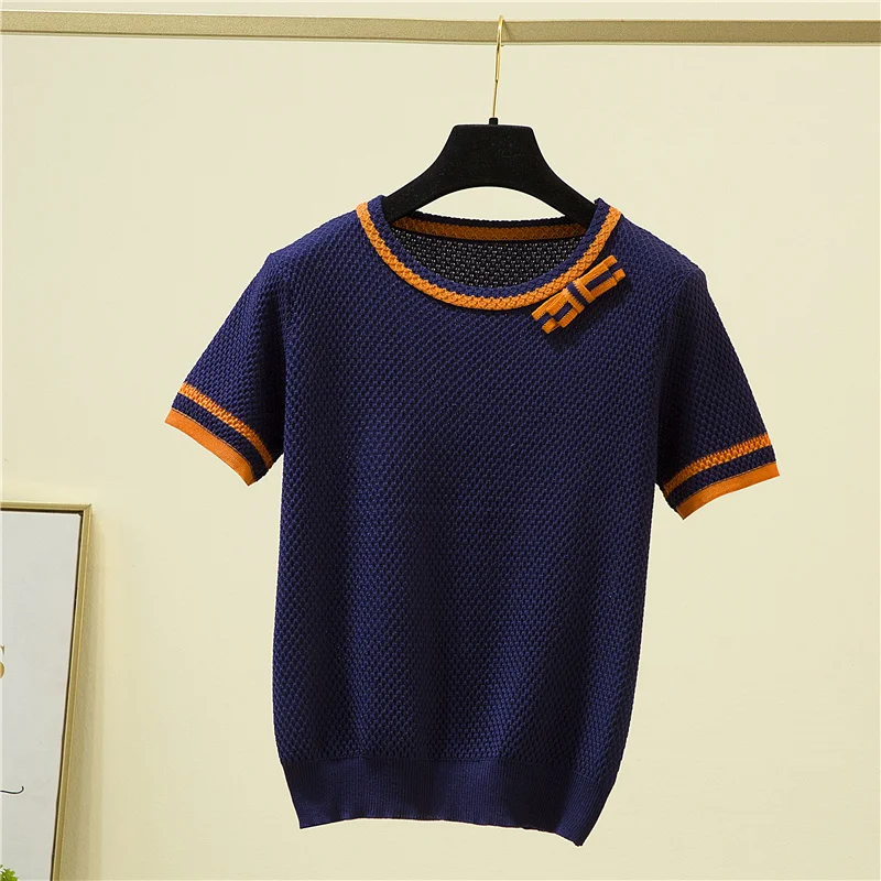 Korean Fashion Bow Patchwork Short Sleeve T-Shirt Women Elegant Summer Knitted Tees Office O-Neck Thin Woman Tshirt Tops Female
