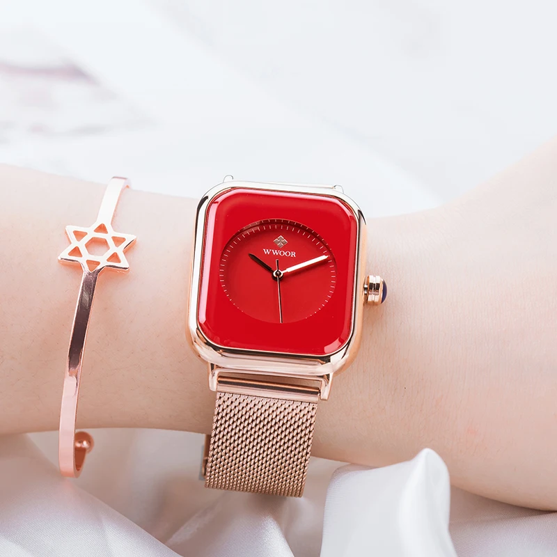 WWOOR Women Watch Dress Elegant Original Quartz Ladies Wristwatch Stainless Steel Waterproof Square Automatic Watch Montre Femme