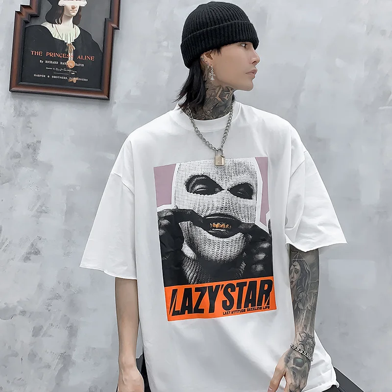 Oversize Hip Hop T Shirt Men Harajuku Masked Man Print Short Sleeve T-Shirt Black Plus Size