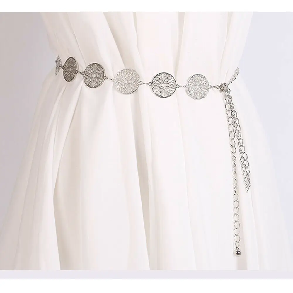Серебристый Fashion Women Retro Metal Chain Belt High Waist Charm Circle Waistband Female Belts Gold Silver - Цвет: Серебристый