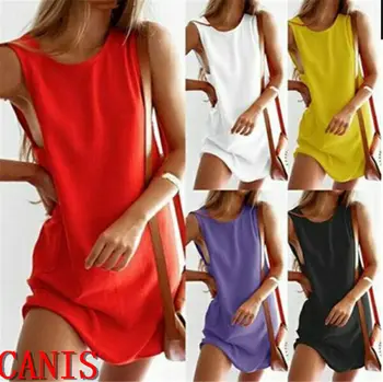 

PLus Size L-5XL Women Long Length Tank Top Sleeveless Mini Dress Solid Summer Casual Prom Party Loose Tunic Shirt AU
