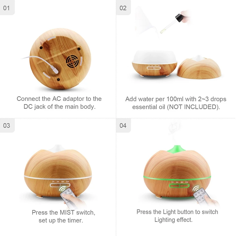 400ML Remote Control Wood Grain Aromatherapy Machine New Home Colorful Night Light Ultrasonic Aroma Humidifier