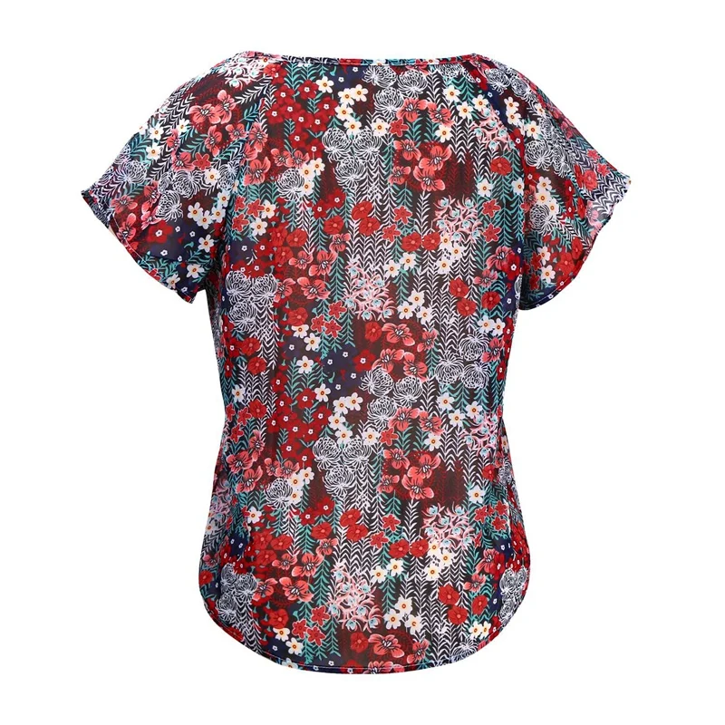 Женская летняя рубашка с цветочным принтом и v образным вырезом Красная футболка