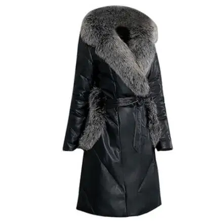 Женская куртка из натуральной кожи высокого качества с воротником из лисьего меха, зимняя куртка из овечьей кожи, пуховая хлопковая куртка, теплая верхняя одежда Q139 - Цвет: black