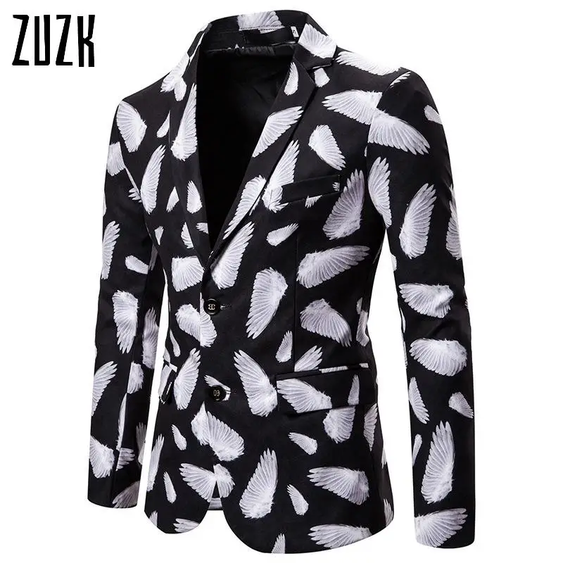

ZUZK Black White Bird Wing Print Casual Blazer Men Brand DJ Club Bar Party Suit Jacket Mens Wedding Tuxedo Suit Blazer Jacket