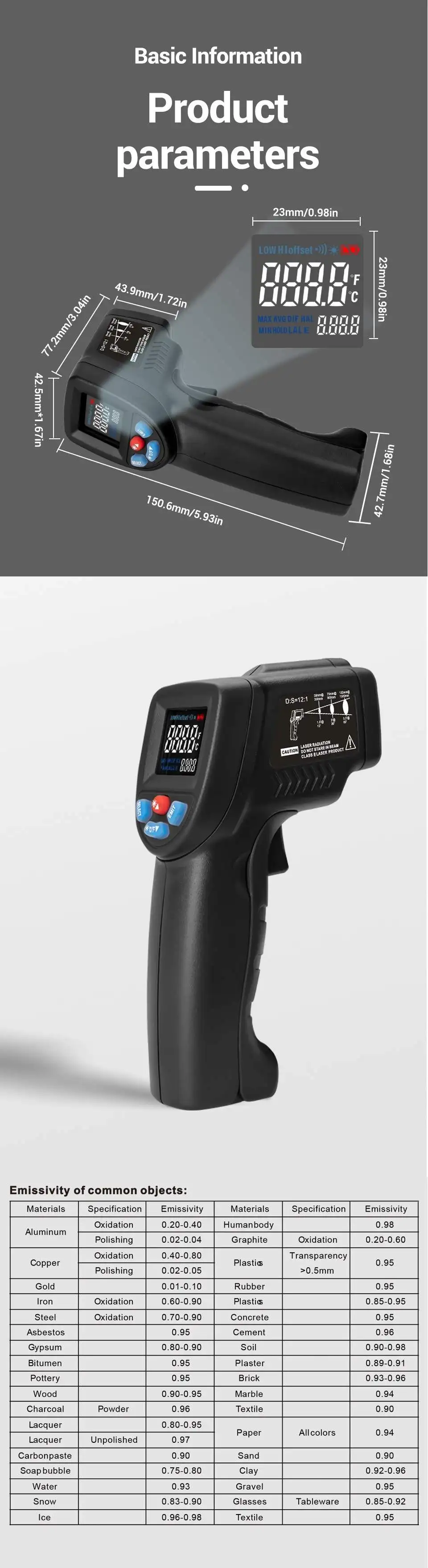 Thermometer GM550B+/GM320B+ Infrared Digital Thermometer 320 550 VA Color LCD Screen Adjustable Emissivity Auto Off