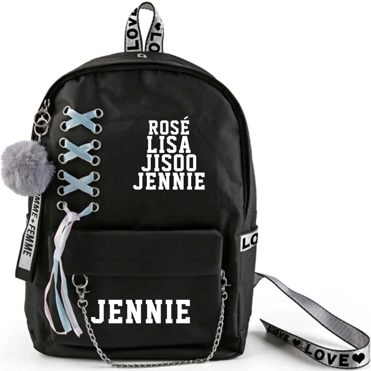 Kpop Черный розовый рюкзак большой емкости школьная сумка с перекрещенной лентой плюшевый шар кулон Travel JENNIE JISOO Лиза Роза дорожная сумка