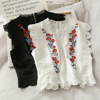 

lace embroidery hollow out women shirts summer new sleeveless short high waist lady elegant shirts outwear tops