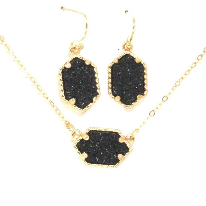 Druzy Drusy ожерелье серьги ювелирный набор Смола серьги с камнем золото шестиугольник Висячие серьги для женщин вечерние - Окраска металла: D black