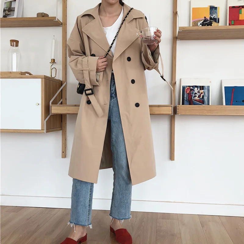 

2019 Spring Autumn Women Long Trench Coat Korean Vintage Loose Casual Outerwear New Fashion Khaki Red Solid Trenches Female