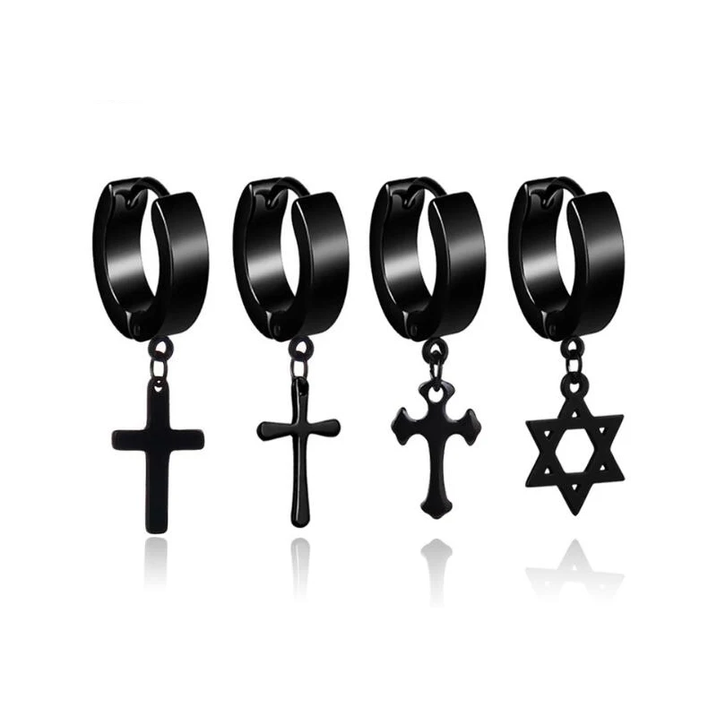 1 Pair Men Cross Stars Pendant Punk Round Cartilage Stainless Steel Earring For Piercing Stud Earrings Women | Украшения и