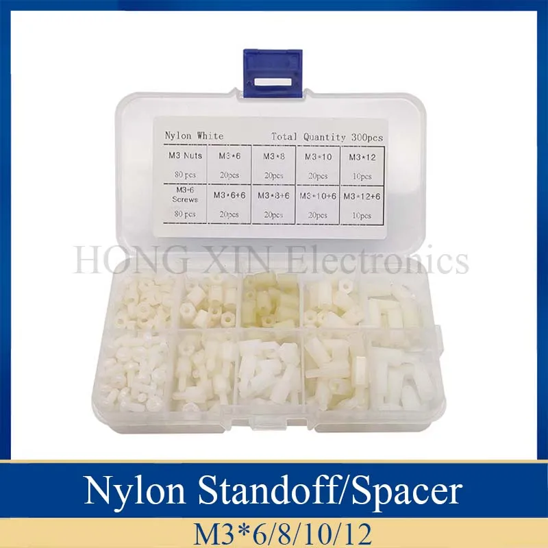 300pcs M3 Nylon White Hex Screw Nut Spacer Stand-off Varied Length Assortment Kit Box afbeelding
