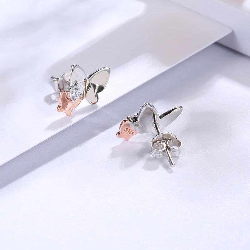 SG 925 пробы серебряные серьги Модные ювелирные изделия для женщин кубический цирконий розовое золото бабочка серьги гвоздики новое поступление