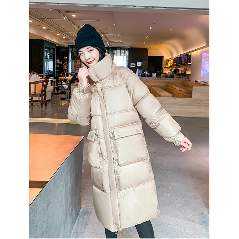 

Bright Cotton Padded Coat Women Korean Fashion Solid Long Parkas Women 2021 Winter Elegant Thicken Warm Coats Female LD2646