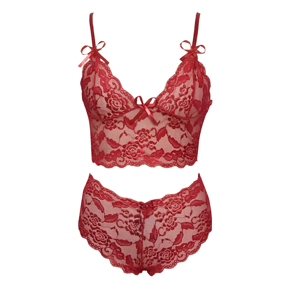 Women's Sexy Lingerie Women Underwear Two-Piece Sexy Thin Bra Set Babydoll Sleepwear Lace Vest Camisole Tube Top Panties Suit red bra set