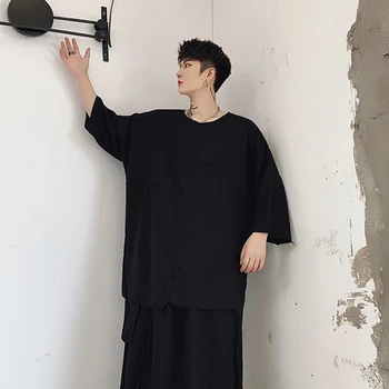 

T-shirt style t solid color short sleeve stitching abstinence dark wind T-shirt male cool symmetrical Department