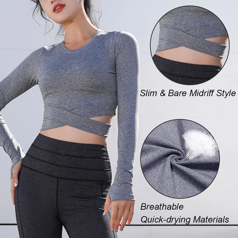 Women Long Sleeve Running Shirts Sexy Exposed Navel Yoga T-shirts Solid Sports Shirts Quick Dry Fitness Gym Crop Tops Sport Wear