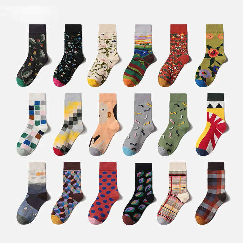 

New Harajuku Socks Creative Cartoon Red Hair Girl Yellow Triangle Fairy Crane Wonderland Cat Pattern Cotton Socks Unisex