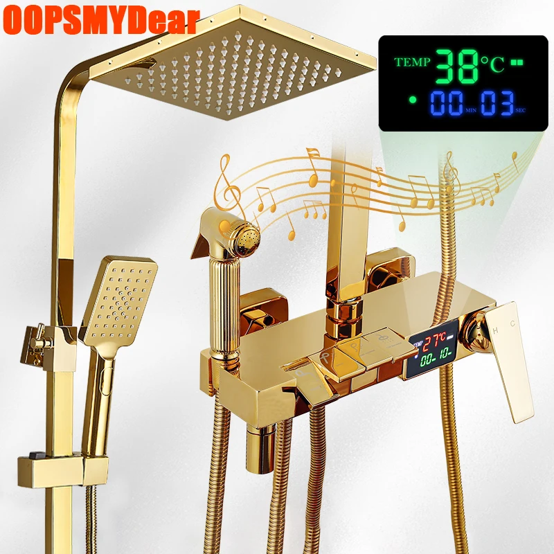Gold Rain Shower Set Thermostatic Digital Tap Bathroom Smart Shower