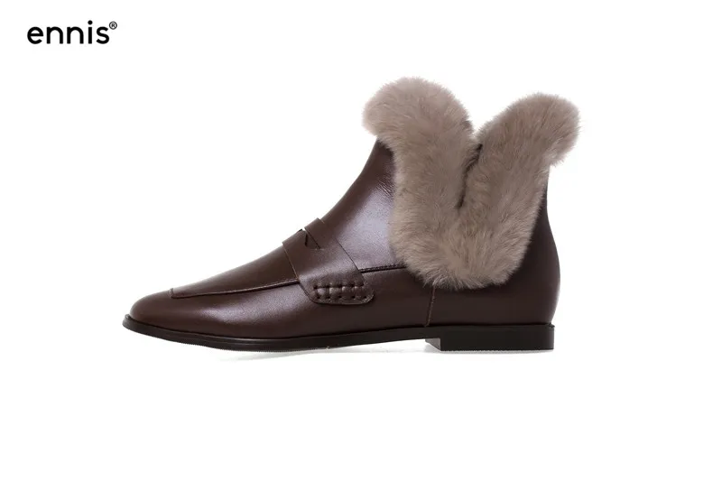 ENNIS/Новые теплые зимние ботинки женские зимние ботинки из натуральной кожи на плоской подошве кожаная обувь на натуральном меху модная плюшевая обувь без шнуровки A9344 - Цвет: Brown Plush Inside