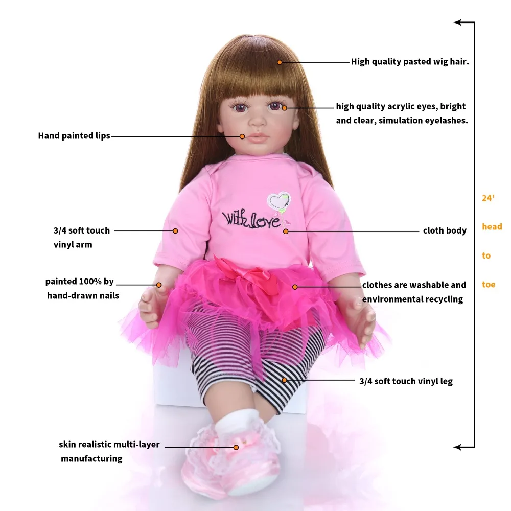 Дизайн Reborn Baby Doll 24 дюймов мягкая виниловая ткань тело девочка принцесса кукла игрушка для детского дня подарки для детей подарок на день рождения