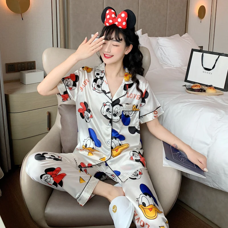 Disney Cute Silk Pajamas for Women Fall Home Suit Mickey Mouse Pyjamas Pj Set Satin Nightwear Sleepwear 2021 Pijama Verano Mujer