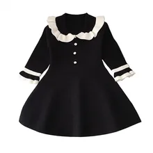 Трикотажное платье-свитер для девочек от 2 до 7 лет Модное детское осенне-зимнее вязаное платье черного и розового цвета для девочек, одежда