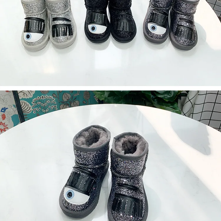 Зимние детские зимние ботинки; обувь из натуральной кожи; Блестящие ботильоны для маленьких девочек; брендовые ботинки для малышей; черные мягкие ботинки для мальчиков