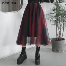 Punk Rave Vrouwen Donker Rode En Zwarte Gradiënt Verzamelen Taille Grote Zon Swing Half Rok Fasihon Eenvoudige Punk Pluizige lagen Rok