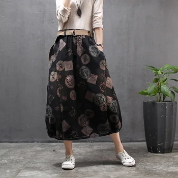 

Cotton Retro Belt Loose Oversize Print Denim Skirts Women Autumn Vintage Hem Elastic Lantern Skirt Female A-Line Midi Skirts