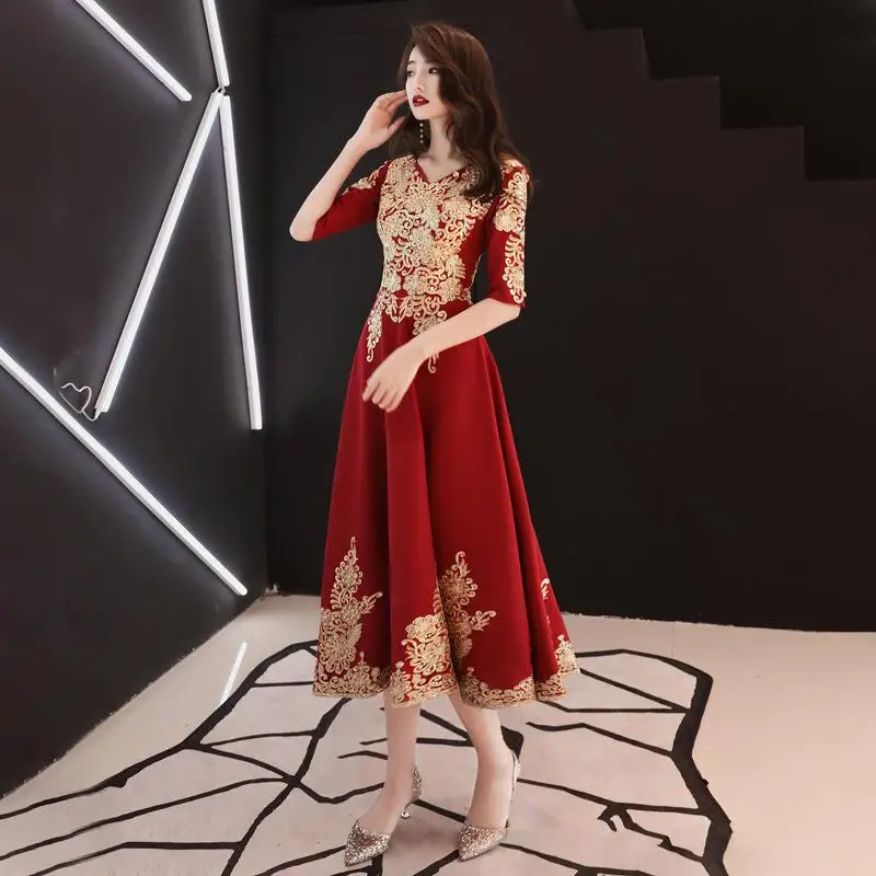 Темно-красные вечерние Длинные Cheongsam ретро Тонкое платье свадебное платье китайский стиль свадебное Qipao Дамская одежда Vestido XS-3XL - Цвет: Dark Red - B