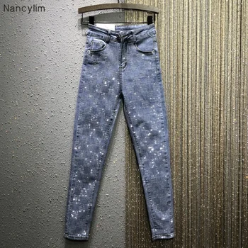 

Jeans Women 2020 Spring New High-Waist Slim-Fit Straight-Cut Rhinestone Skinny Pencil Denim Pants Women's Jeans Spodnie Damskie