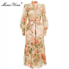 MoaaYina, модное дизайнерское подиумное платье, весна-лето, женское платье, рукав-фонарик, лента, цветочный принт, платья для отпуска