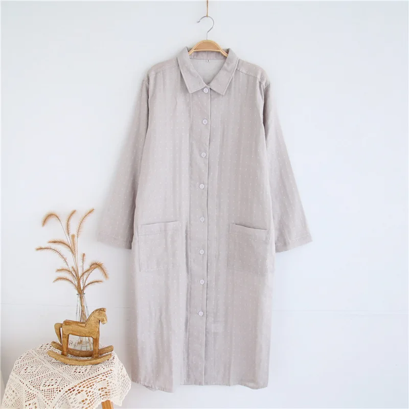 Spring Summer WOMEN'S Long Sleeve Home Skirt Long Skirts Cotton shuang ceng sha Dots Shirt Collar Nightgown Japanese-style Mori