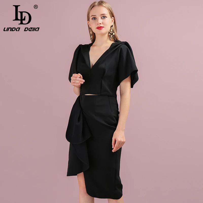 LD Linda della модные Подиумные осенние деловой костюм, Для женщин сексуальный глубокий v-образные вырезы и Повседневное гофрированное черное юбка Двойка набор