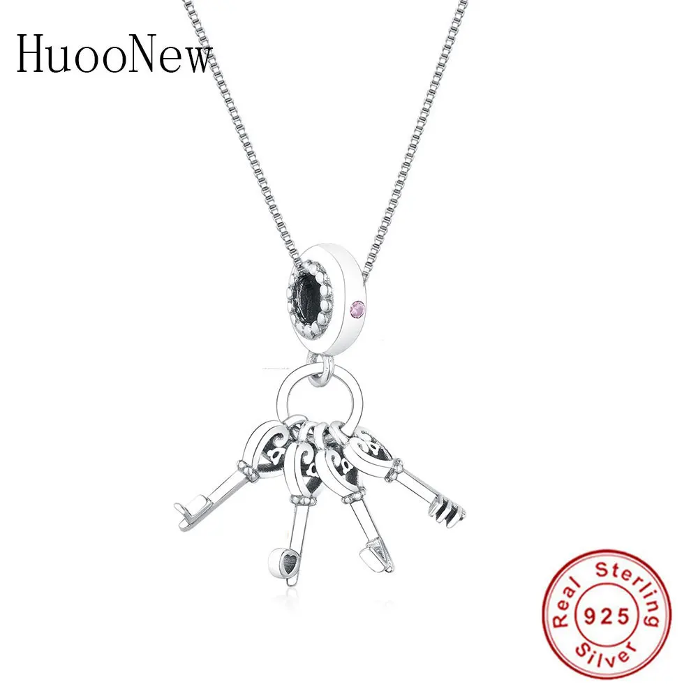 Huoonew 925 Sterling Silver Letter Love Four Key to Heart CZ Pendants Necklaces Women Female Jewelry Choker Collier Fine Trinket | Украшения