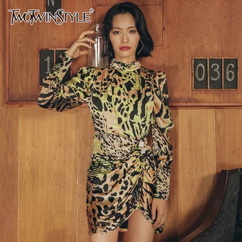 

TWOTWINSTYLE Vintage Leopard Mini Dress Women Turtleneck Puff Long Sleeve High Waist Ruched Asymmetrical Dresses Female Fashion