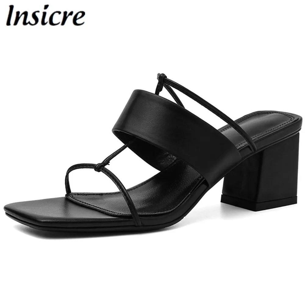 

Insicre Genuine Leather Women Sandals Thick Heel Square Toe Cow Leather Female Summer Shoes Slipper Black Mid Heels Cow Leather